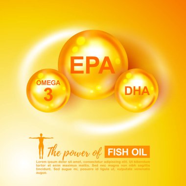 Fish oil ads. Vector illustration. Vitamin Omega-3, Fatty Acids EPA, DHA. Chemical formula. Shining golden substance drop, essence droplet. Meds for health ads. Vitamin Omega-3, Fatty Acids EPA, DHA clipart