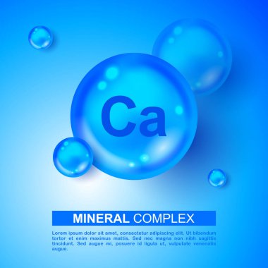 Mineral Ca Kalsiyum mavisi parlak hap kapsülü ikonu. Kalsiyum Vektörü. Mineral Mavi İlaç Simgesi. Vitamin Kapsülü İksir Simgesi. Güzellik, Kozmetik, Heath Reklam Tasarımı. 3B Mineral Kompleksi