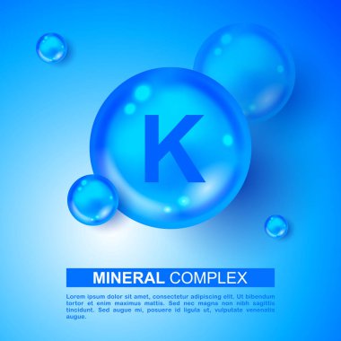 Mineral mavisi parlak hap kapsülü ikonu. K Kalium Vektörü. Mineral Mavi İlaç Simgesi. Vitamin Kapsülü Hapı K Kalium Simgesi. Güzellik, Kozmetik, Heath Reklam Tasarımı. 3B Mineral Kompleksi K Kalium
