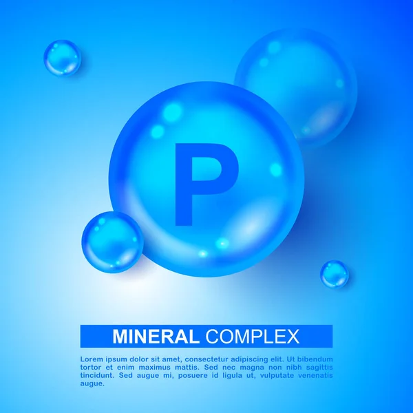 ミネラルブルーの輝く錠剤カプセルアイコン Pリンベクトル 鉱物ブルーピルアイコン ビタミンカプセルピルアイコン 化粧品 健康促進広告デザインのための物質 3D鉱物複合体Pリン — ストックベクタ