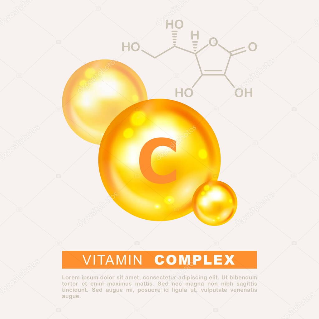 Vitamin gold shining pill capsule icon. Ascorbic acid. Shining golden substance drop. Meds for heath ads. Treatment cold flu. Vitamin C gold shining pill. Vitamin complex. Vitamin C