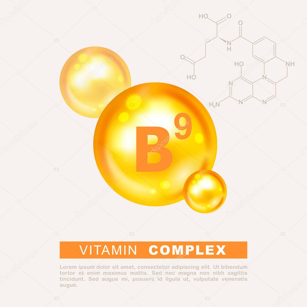 Vitamin gold shining pill capsule icon. Nutrition sign vector concept. The power of vitamin B9. Chemical formula. Vitamin B9 gold icon. Folic acid vitamin drop pill capsule. Shining golden essence