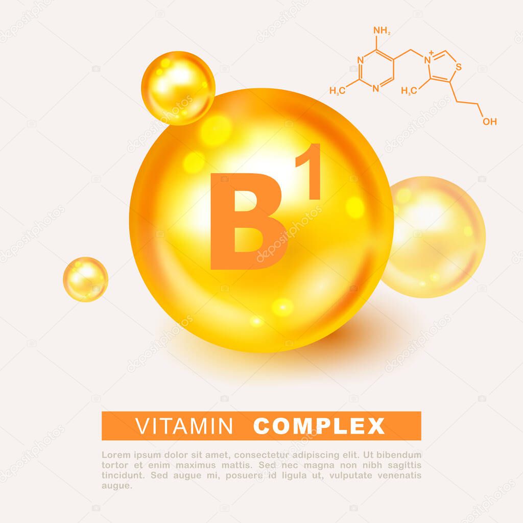 Vitamin gold shining pill capsule icon. Nutrition sign vector concept. The power of vitamin B1. Chemical formula. Group B, Thiamine. Shining golden substance drop. Meds for heath ads