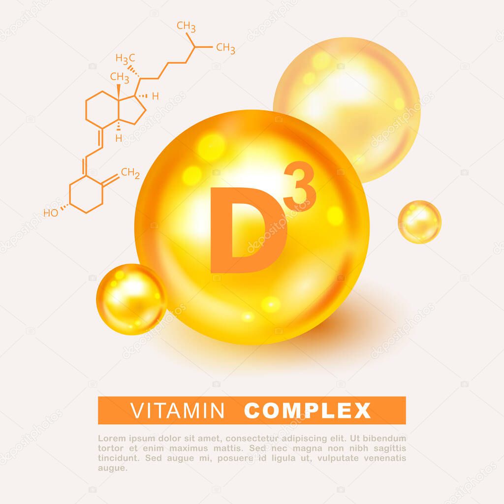 Vitamin gold shining pill capsule icon. Vitamin D3. Cholecalciferol vitamin drop pill capsule. Shining golden essence droplet. Beauty treatment nutrition skin care design. Holecalciferol. Vitamin D3