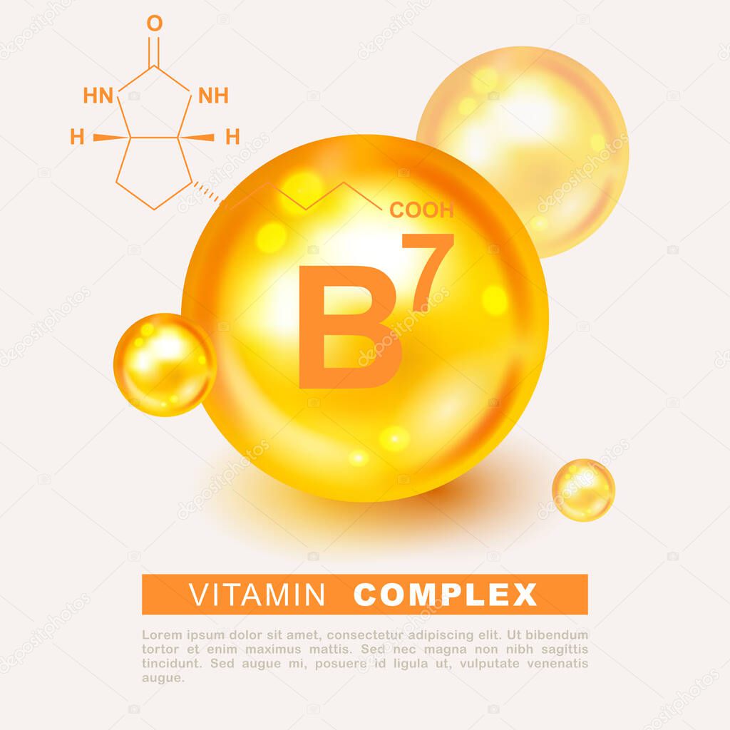 Vitamin gold shining pill capsule icon. Vitamin B7 gold icon. Biotin drop pill capsule. Vitamin complex design. Biotin vitamin drop pill capsule icon