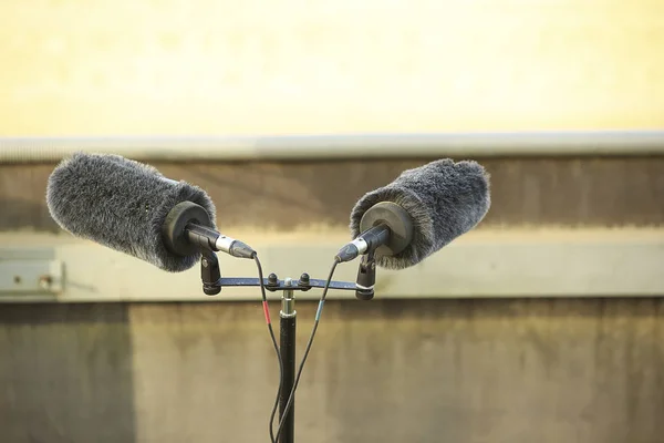 Dubbelrum professionell idrott mikrofonen på ett stadium — Stockfoto