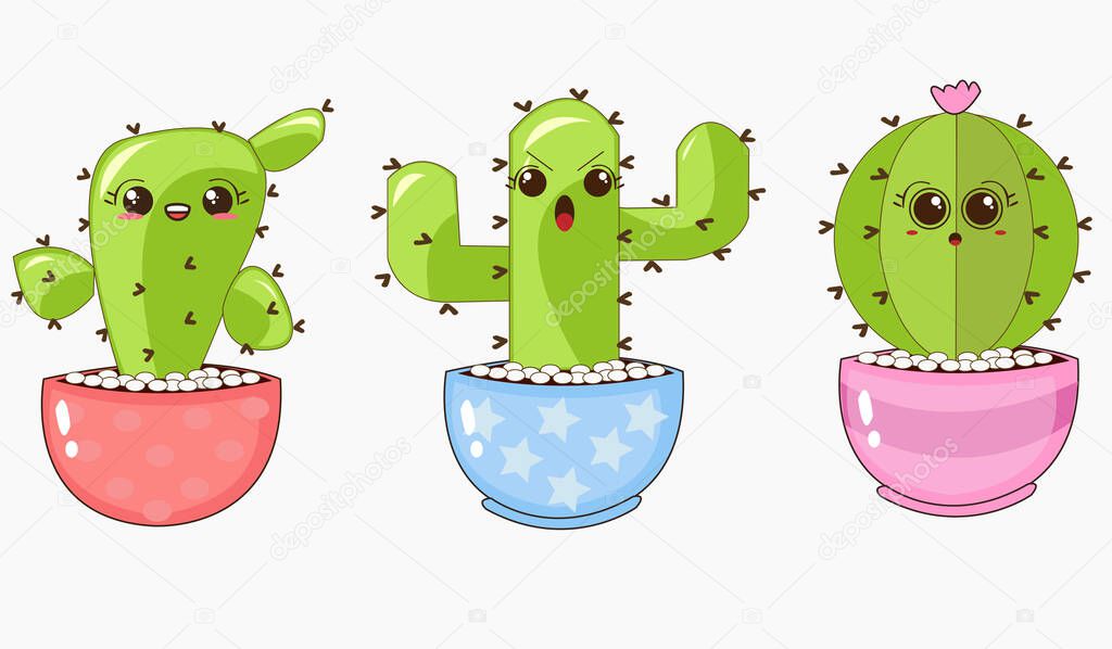 Illustrations Vectors Graphic of Prickly Cactus with Funny Expressions in Colorful Pots