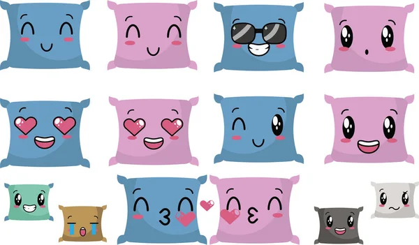 Rahatlamak için çeşitli ifadelere sahip çeşitli şirin aile rengi yastık karakterlerinin vektör çizimi
