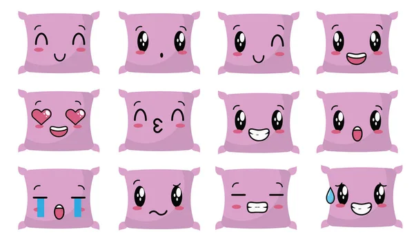 Rahatlamak için çeşitli ifadeleri olan sevimli pembe yastık karakterinin vektör çizimi