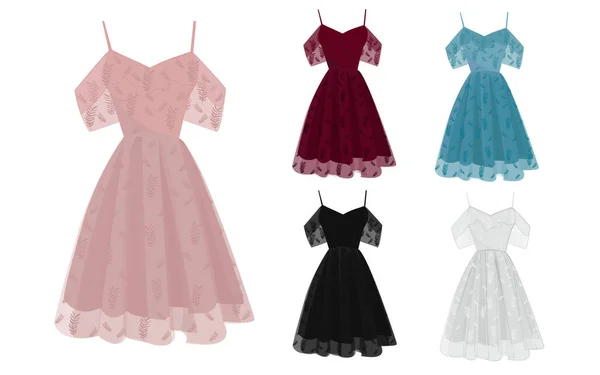 Partiler için güzel elbiseler Zarif Kırmızı, Pembe, Mavi, Beyaz ve Siyah Güzel Yaprak Tasarımlı Çizim Vektörü