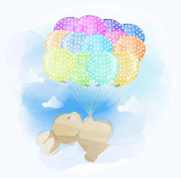 Gökyüzünde uçan küçük bir tavşanın suluboya balonları kullanarak 