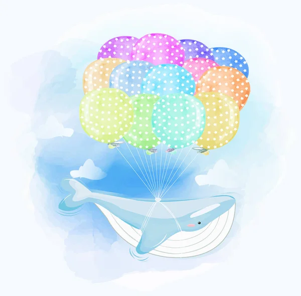 Balonlarla Gökyüzünün Üzerinde Uçan Bir Balinanın Suluboya Boyası 