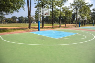 Bir sürü yeşil çimenli basketbol sahası