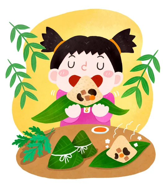 女の子アジア餃子を食べる Duanwu祭り — ストック写真