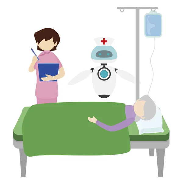 照顾一位老年妇女的白人机器人护士和医生 — 图库照片
