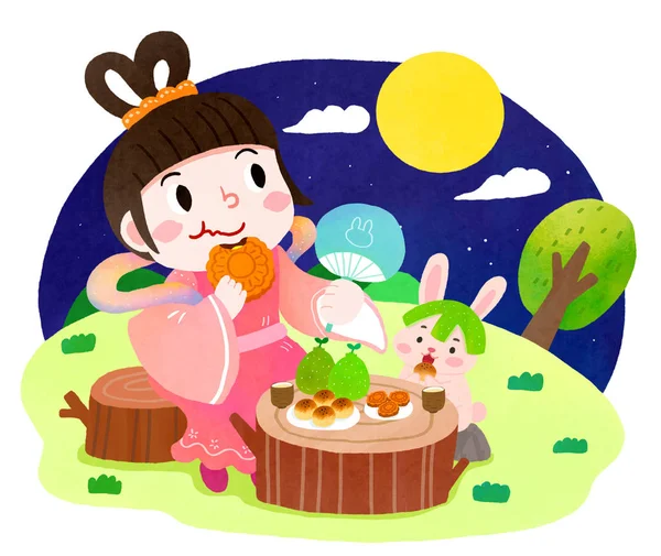 Menina Bonita Comendo Floresta Ilustração — Fotografia de Stock