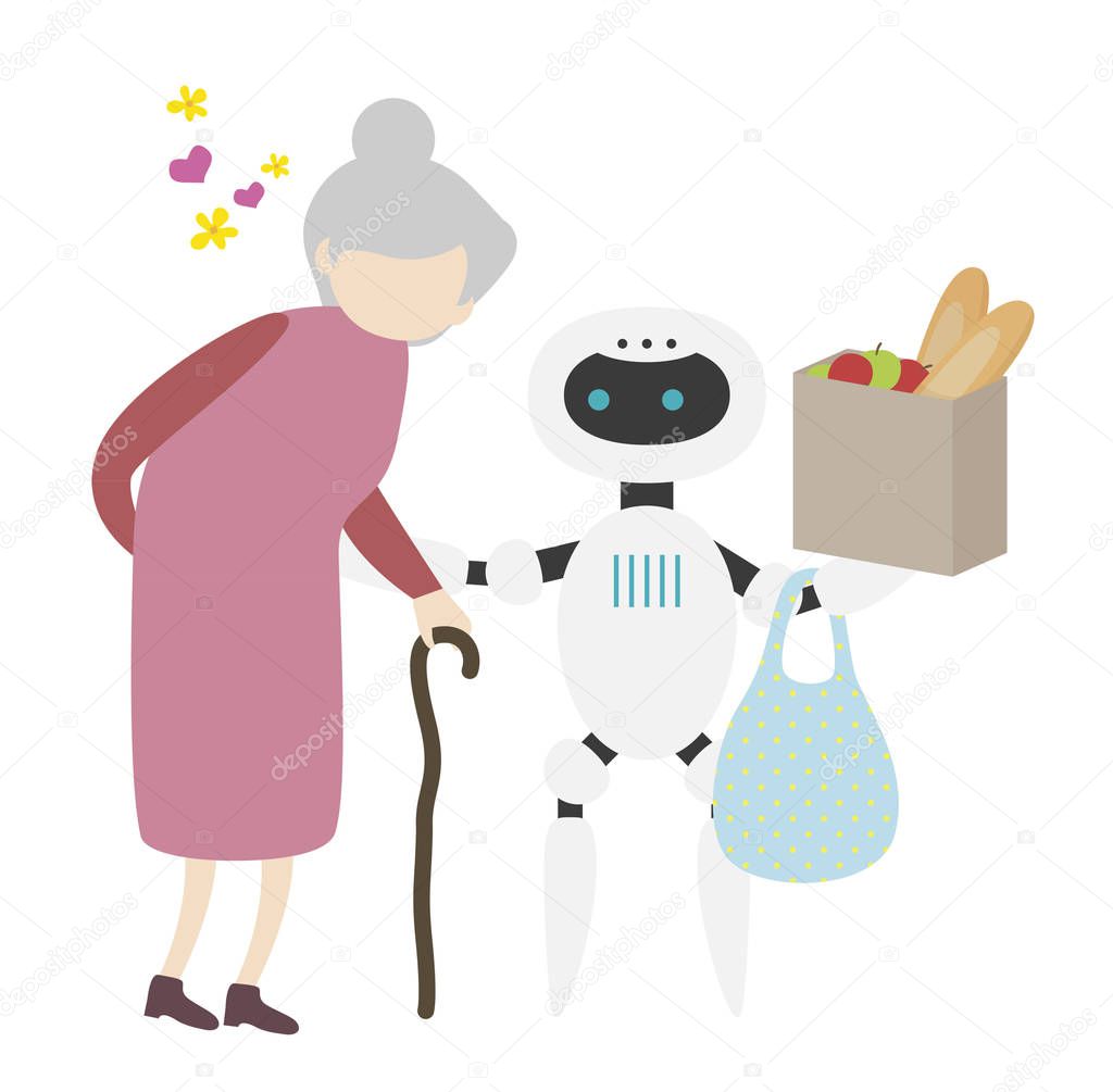 A white robot brought groceries to an elderly woman.