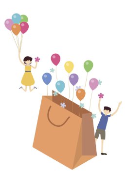 Alışveriş çantasından balonlar uçuyor. Görüntü