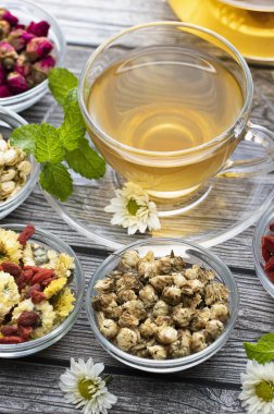 Sürahiler içinde çeşitli bitkiler ve bir fincan çay.