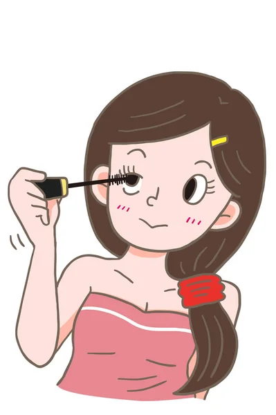 Illustration Cute Cartoon Girl Painting Lips Lipstick — Stock Photo, Image
