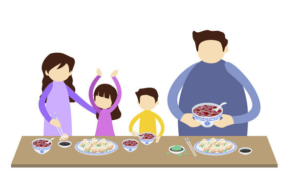 A family of four eating traditional Chinese food. Illustration