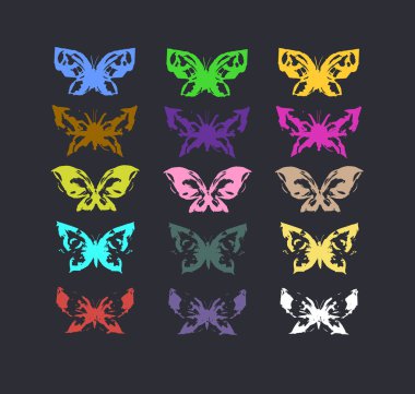 Çok renkli kelebekler kümesi. Grunge etkisi.