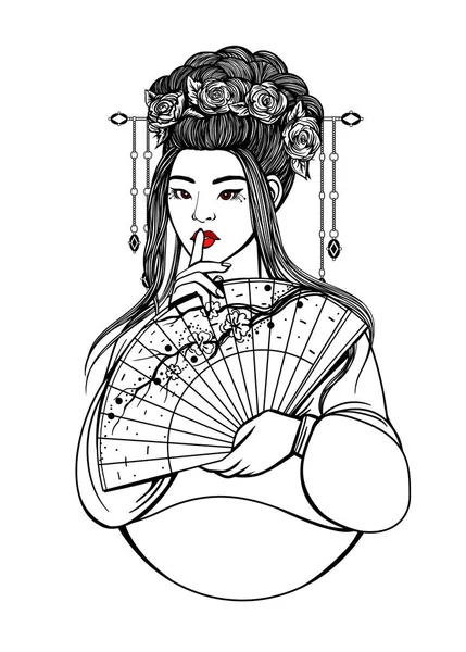 美丽的亚洲女人在韩 鲜花和扇子 着色的轮廓图 矢量插图 — 图库矢量图片