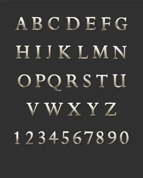 銀の金属の文字と数字 ベクトルのアルファベット — ストックベクタ