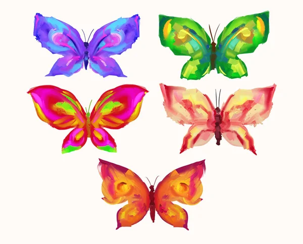 Zestaw Jasnych Ręcznie Rysowane Motyle Efektem Farb Olejnych Ilustracja Wektorowa — Wektor stockowy