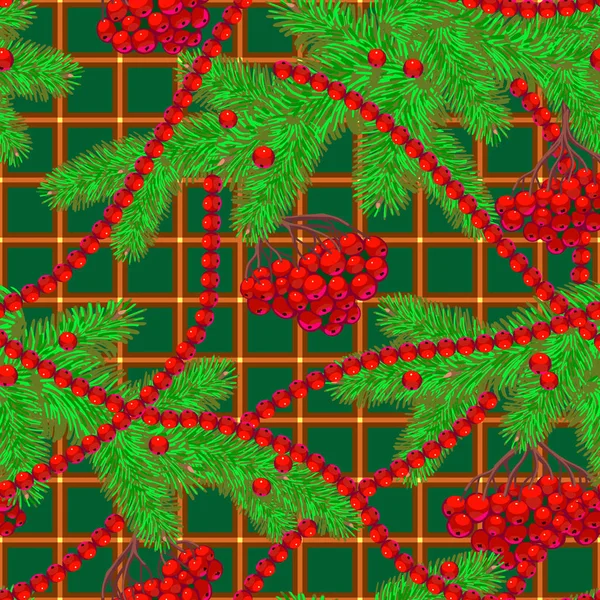 Winter Seamless Pattern Rowan Branches Berries Cones Vector Illustration Hand — Stock Vector