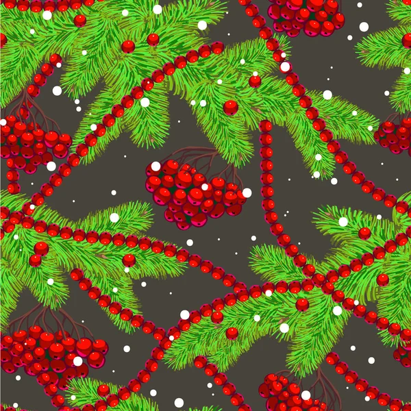 Winternahtloses Muster Mit Eberesche Und Zweigen Beeren Und Zapfen Vektorillustration — Stockvektor