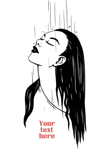 Young Girl Long Wet Hair Standing Rain Vector Illustration — Stock Vector