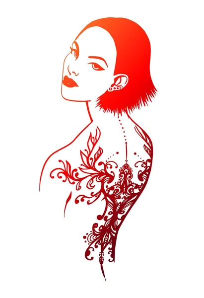 年轻的女孩 在她的背部短发和图案纹身 矢量插图 — 图库矢量图片
