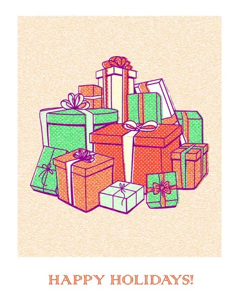 Carte Vœux Rétro Festive Avec Boîtes Cadeaux Illustration Vectorielle — Image vectorielle