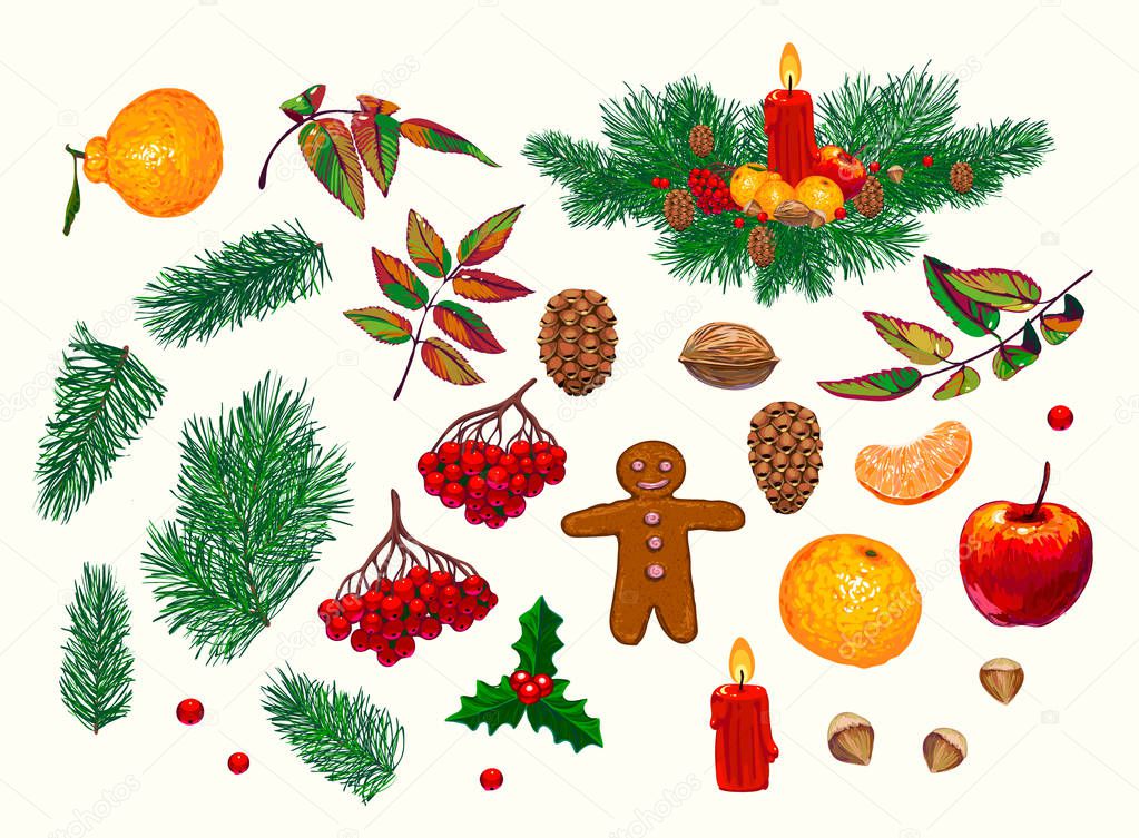 set of hand-drawn Christmas decorations. Festive attributes for your illustrations. Vector Icons