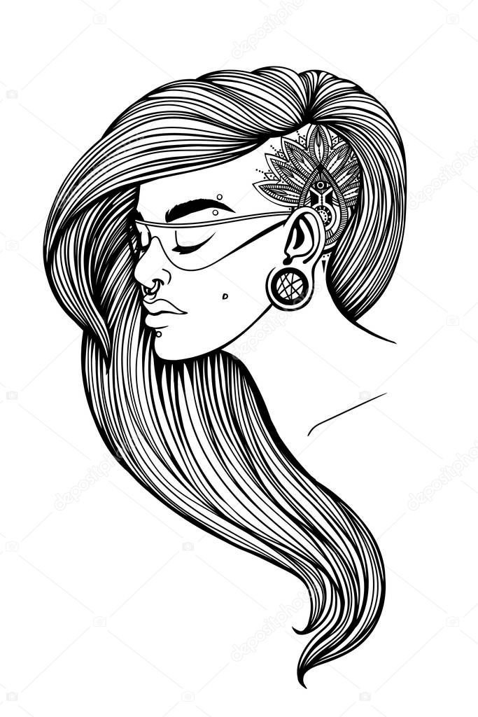 Portrait of a girl with long hair, tattoo. Vector illustration