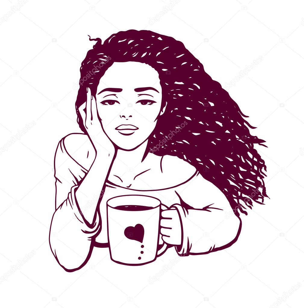 sleepy girl with a cup of hot coffee. Vector illustration