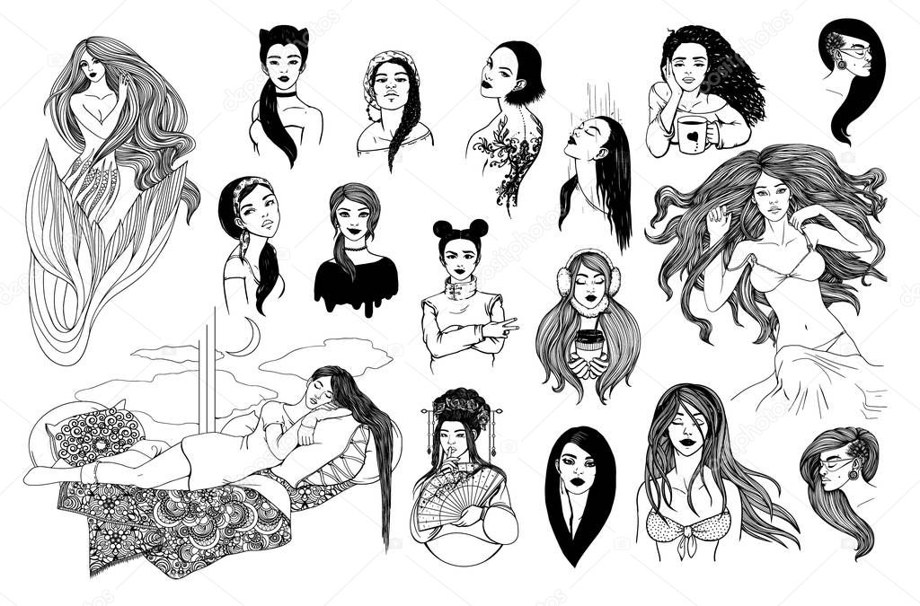 set of hand-drawn girls. Vector illustration