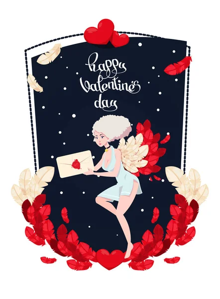 Tarjeta Vacaciones Para Día San Valentín Con Cupido Gir — Vector de stock