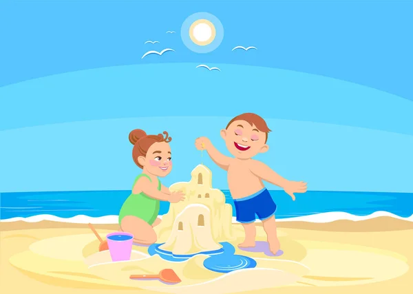 Cartoon children playing on the beach — Stock Vector