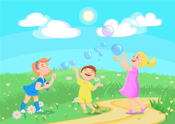 cartoon children play with soap bubbles