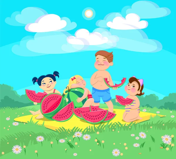 Doodle children at a picnic eating a armelon — стоковый вектор