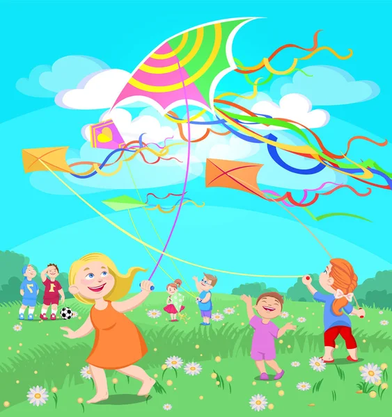 doodle children play with kites on a clearing