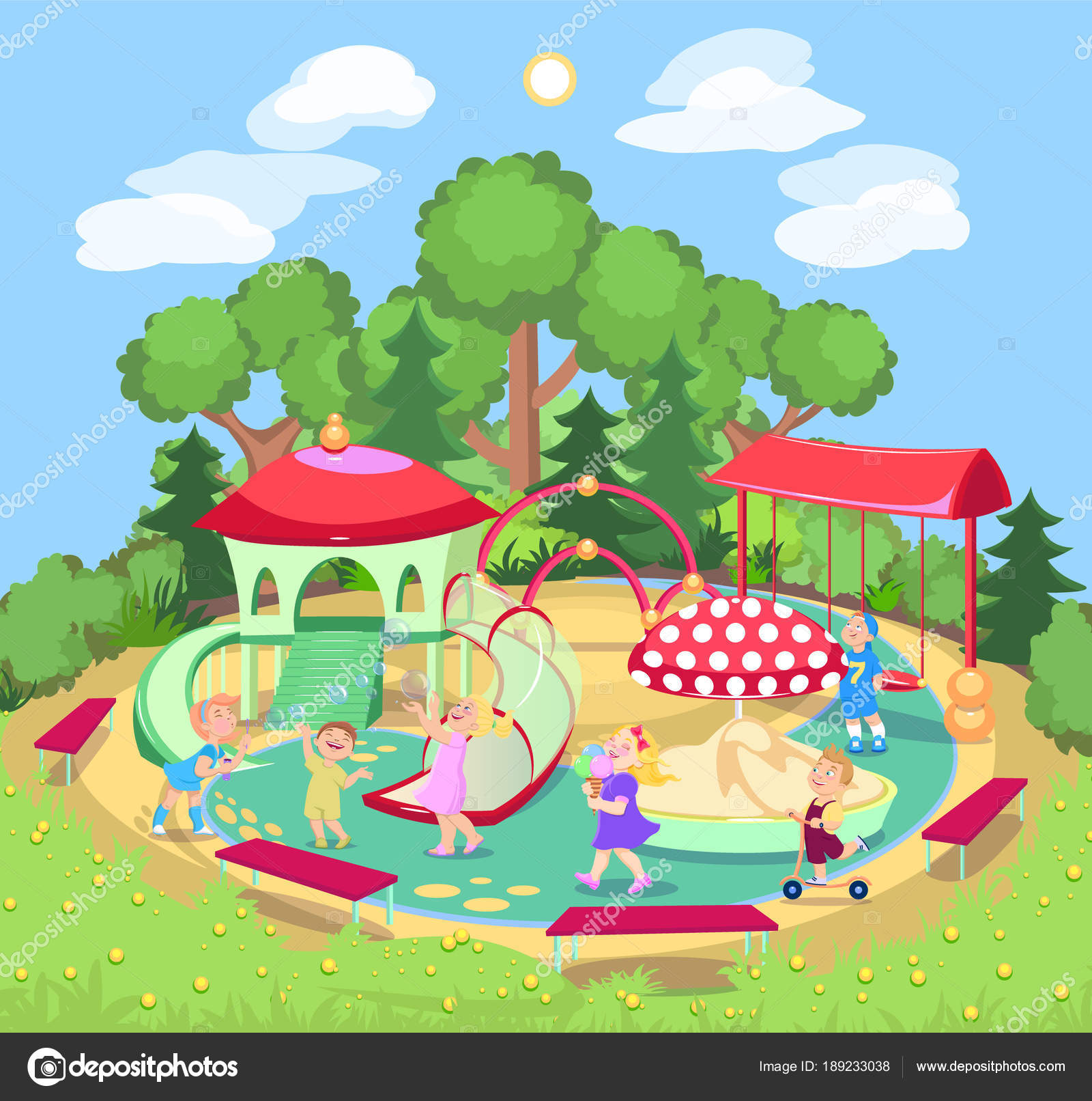 Детская площадка с качелями, горизонтальные полосы Векторное изображение  ©man_darinka 189233038