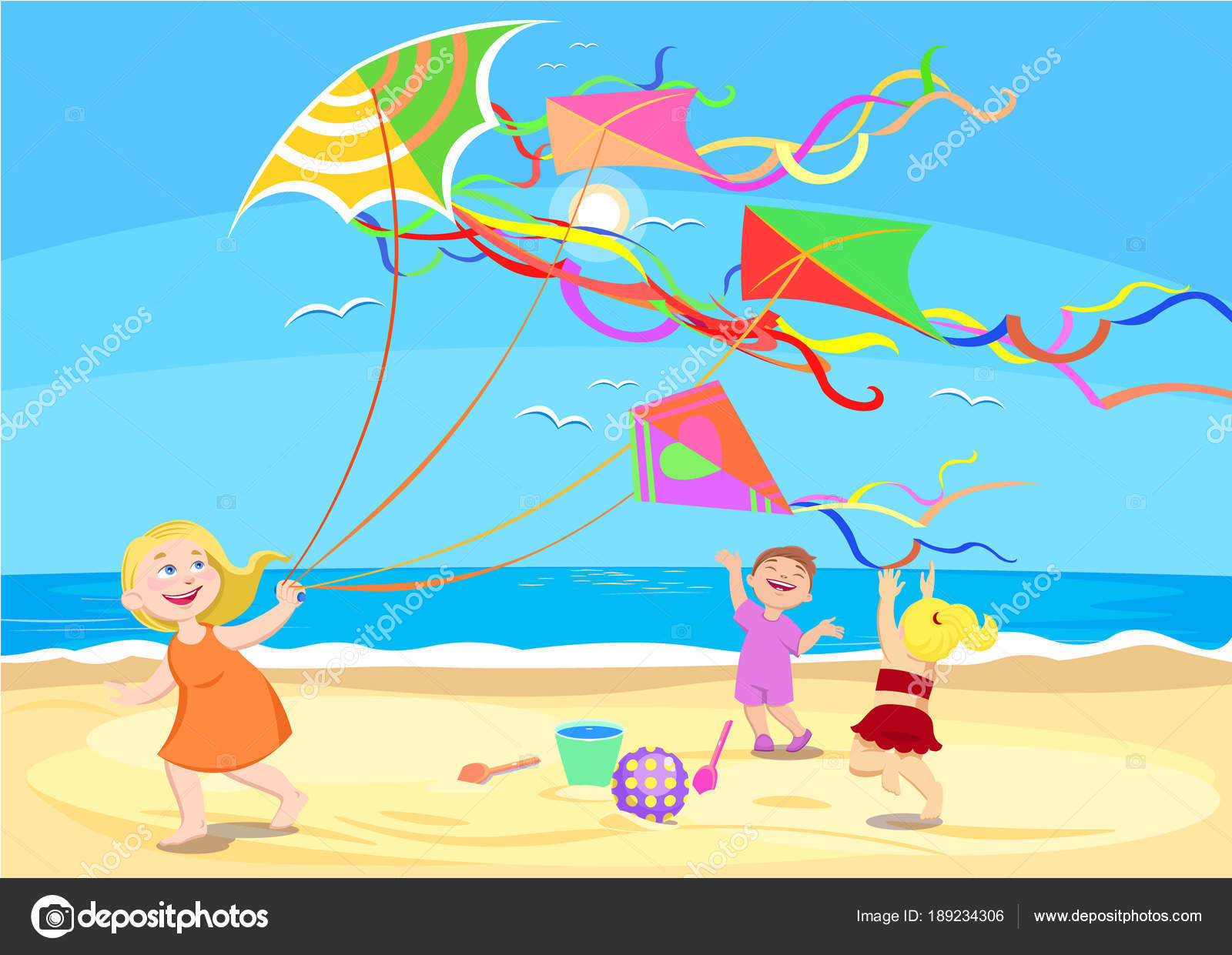 Dessin Animé Enfants Jouer Avec Des Cerfs Volants Sur La