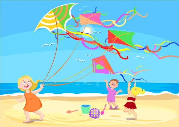 Cartoon children playing with kites on the beach — Stock Vector