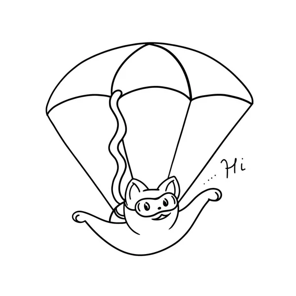 Doodle gato engraçado voa com um paraquedas — Vetor de Stock