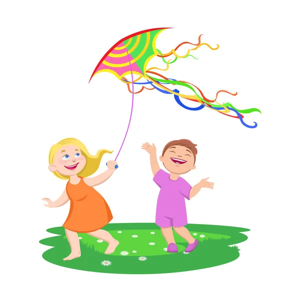 children play with kites on a clearing