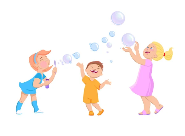 Niños de dibujos animados juegan con burbujas de jabón — Vector de stock