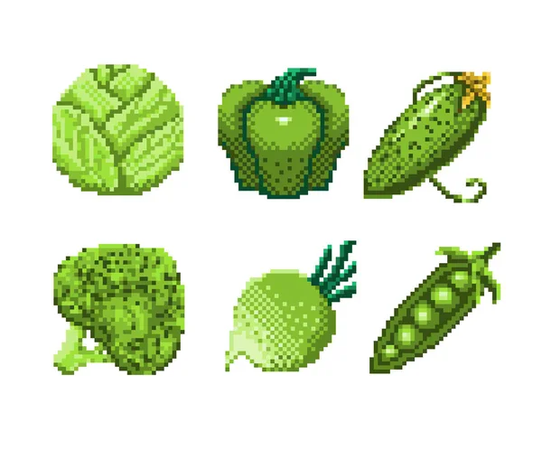 Egy sor pixel art zöld zöldség ikon. 32x32 pixel. Vektorillusztráció — Stock Vector